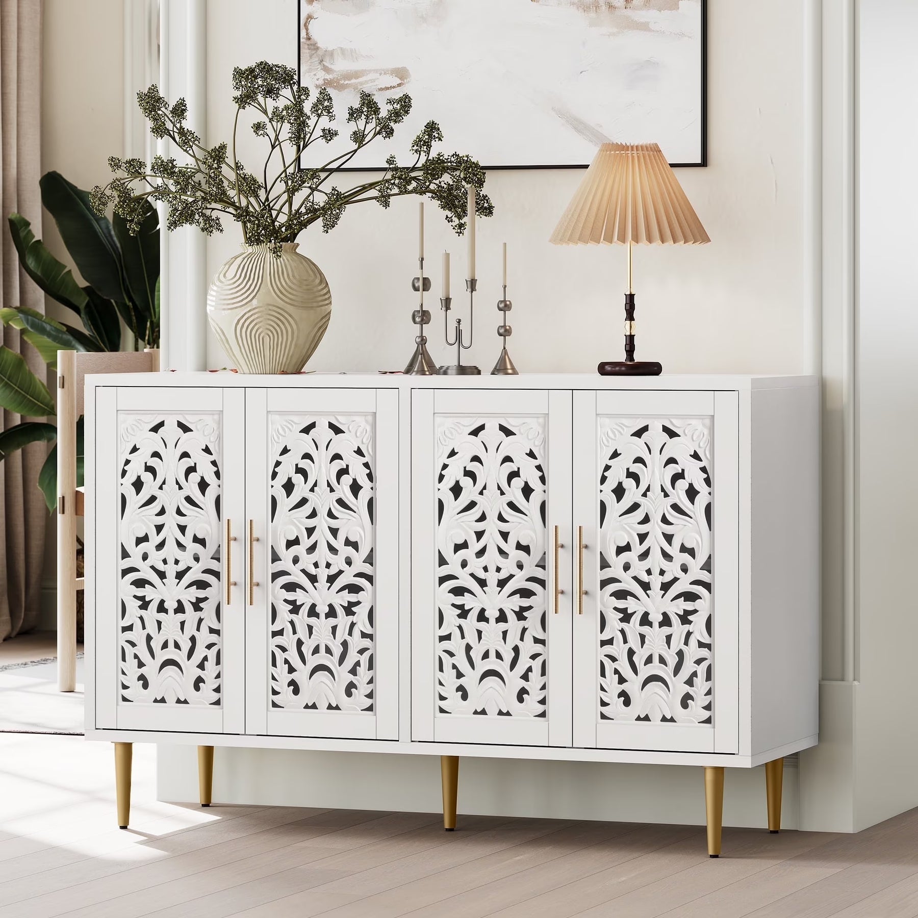 HLR 48" Accent Cabinet with 4 Doors, Vintage Hollow Carving Storage Credenza - Product image 1