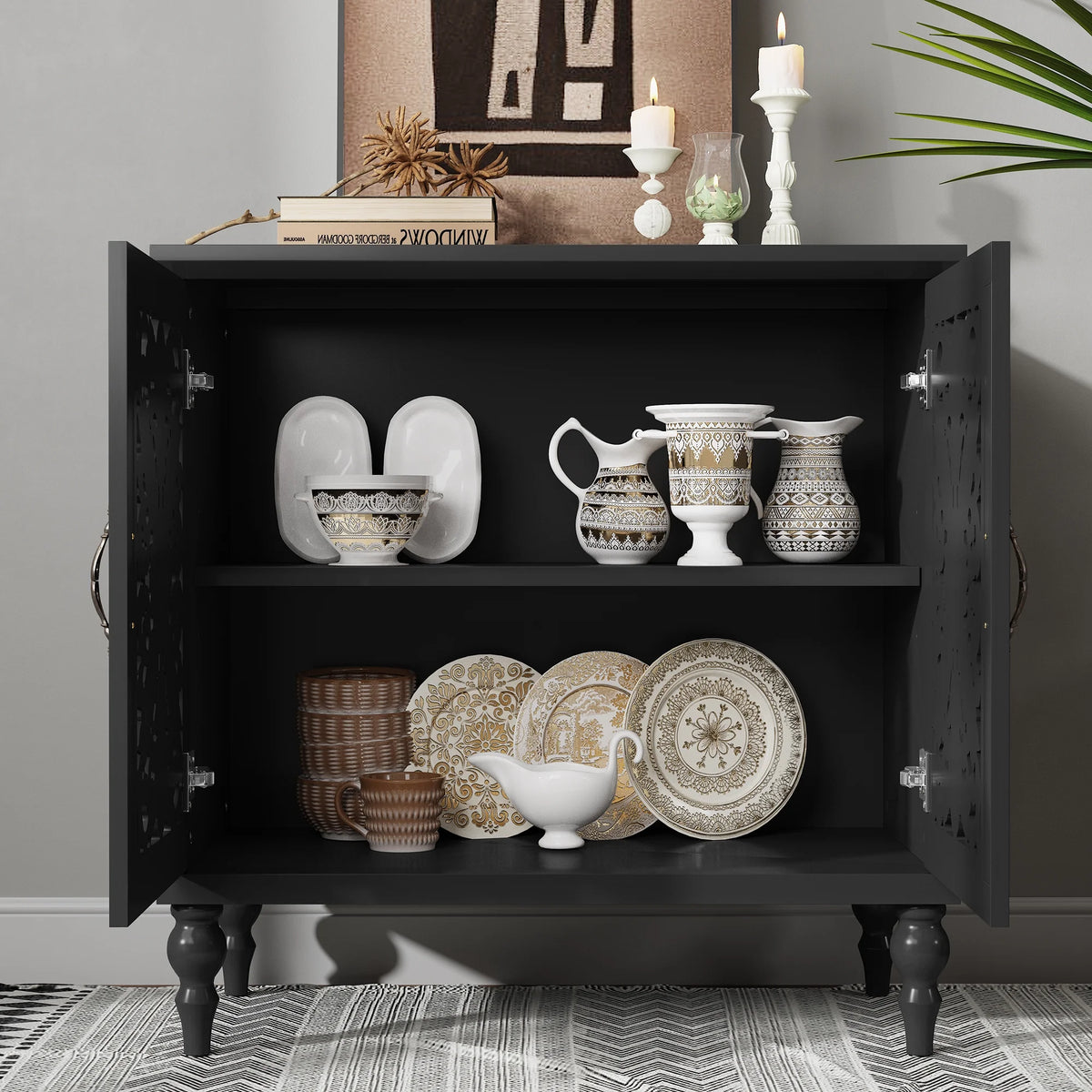 HLR 48" Accent Cabinet with 4 Doors, Vintage Hollow Carving Storage Credenza - Product image 61