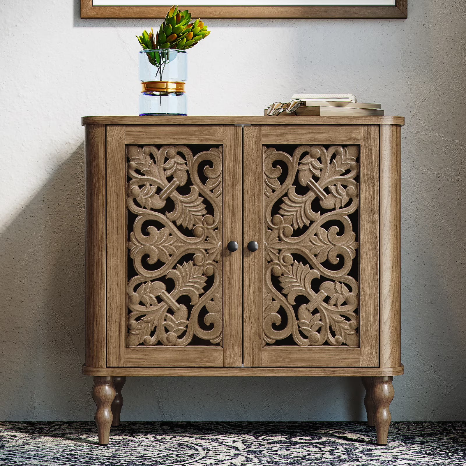 HLR 48" Accent Cabinet with 4 Doors, Vintage Hollow Carving Storage Credenza - Product image 3