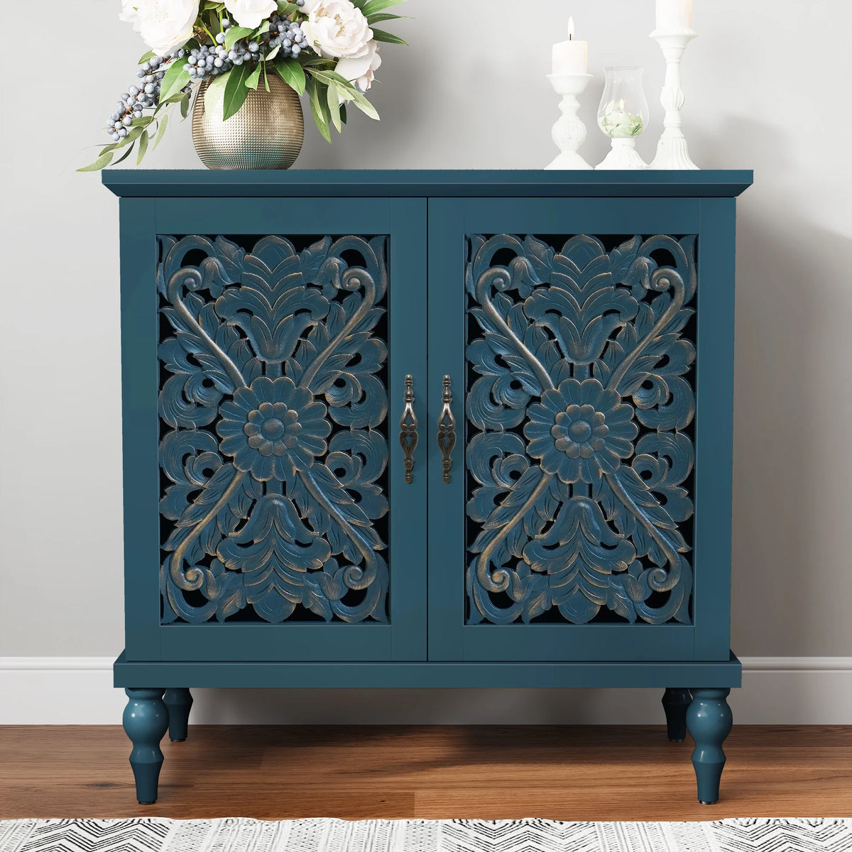 HLR 48" Accent Cabinet with 4 Doors, Vintage Hollow Carving Storage Credenza - Product image 38