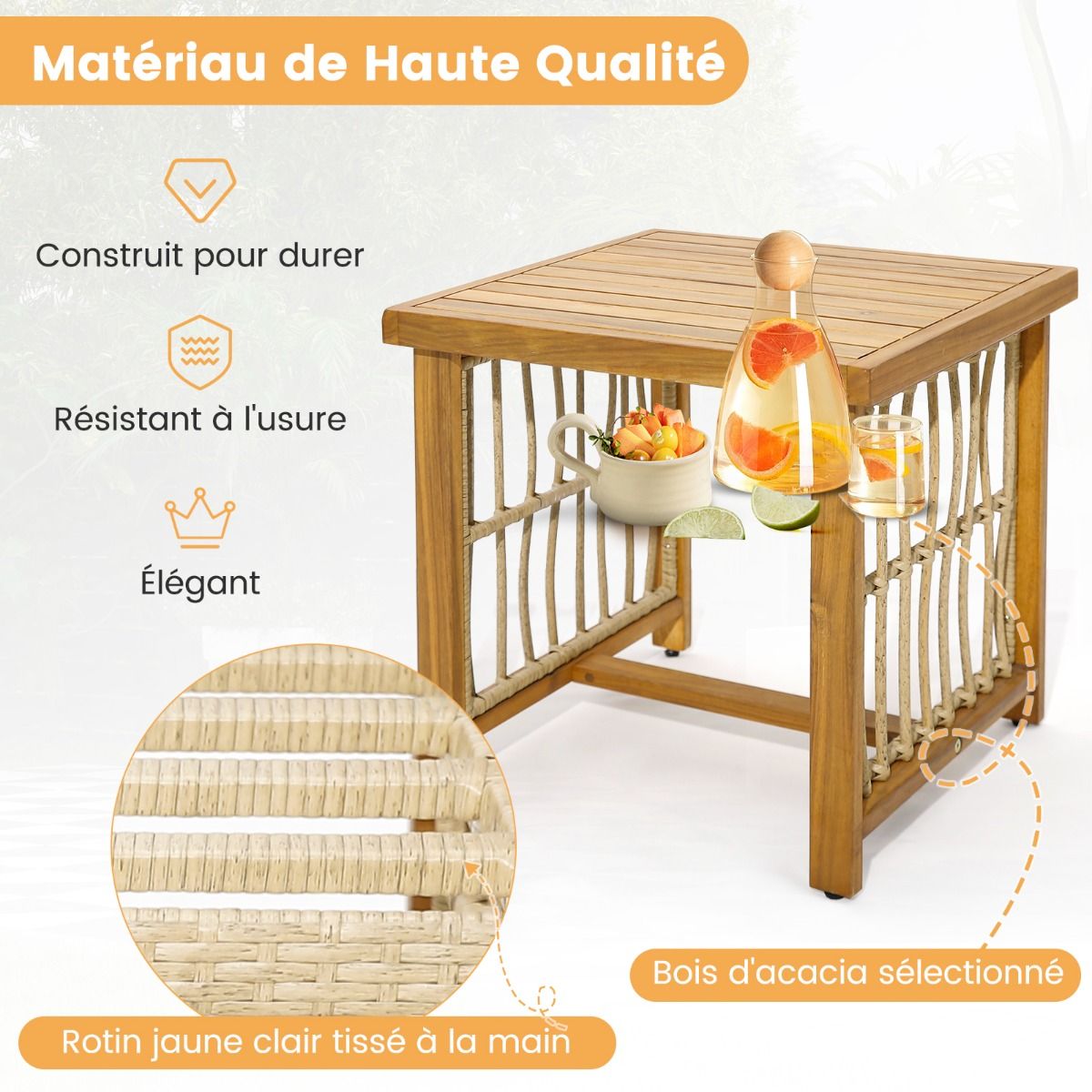 Garden Furniture with 1 Table and 2 Armchairs in Acacia Wood and Anti-UV Rattan Adjustable Feet Cushions with Zip Nautel -