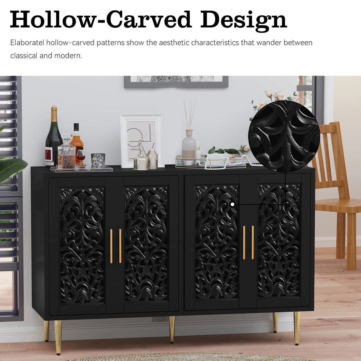 HLR 48" Accent Cabinet with 4 Doors, Vintage Hollow Carving Storage Credenza - Product image 72