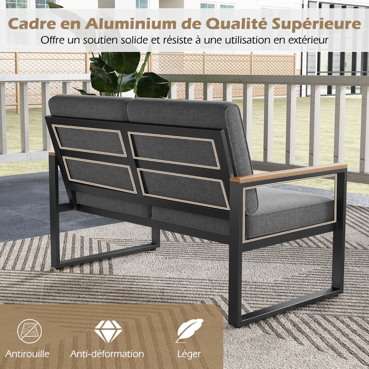 2 Piece Garden Furniture Set with Loveseat Coffee Table Aluminum Outdoor Furniture Set with Gray Armrests -