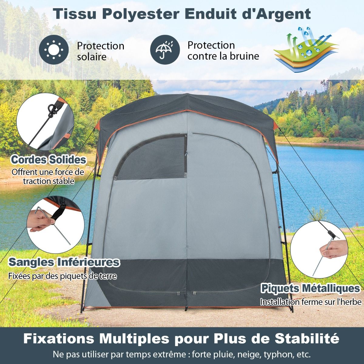 Portable 2-Person Shower Cabin Tent in 2 Parts with Removable Rain Tarpaulin Clothesline Hook 210x107x210 cm Gray -