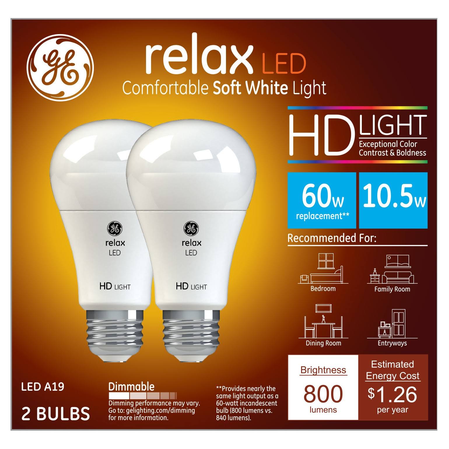 GE Relax HD Dimmable LED Light Bulb, Soft White - 2 pack - Product image 1