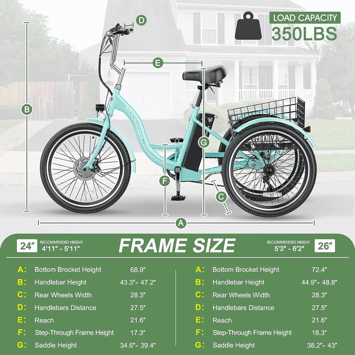 MOONCOOL Electric Tricycle, 350W 36V 24 in 7 Speeds 3 Wheels Electric Bikes for Adults - Product image 6