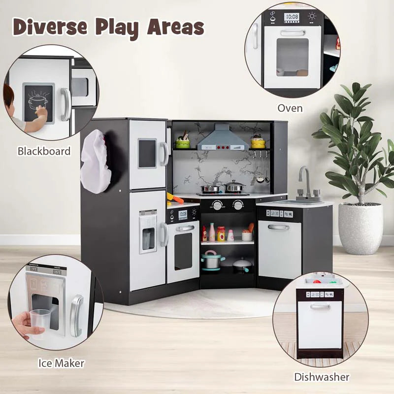 Corner Wooden Kids Kitchen Playset, Little Chef Pretend Toy Kitchen Set w/ Microwave, Range Hood - Product image 5