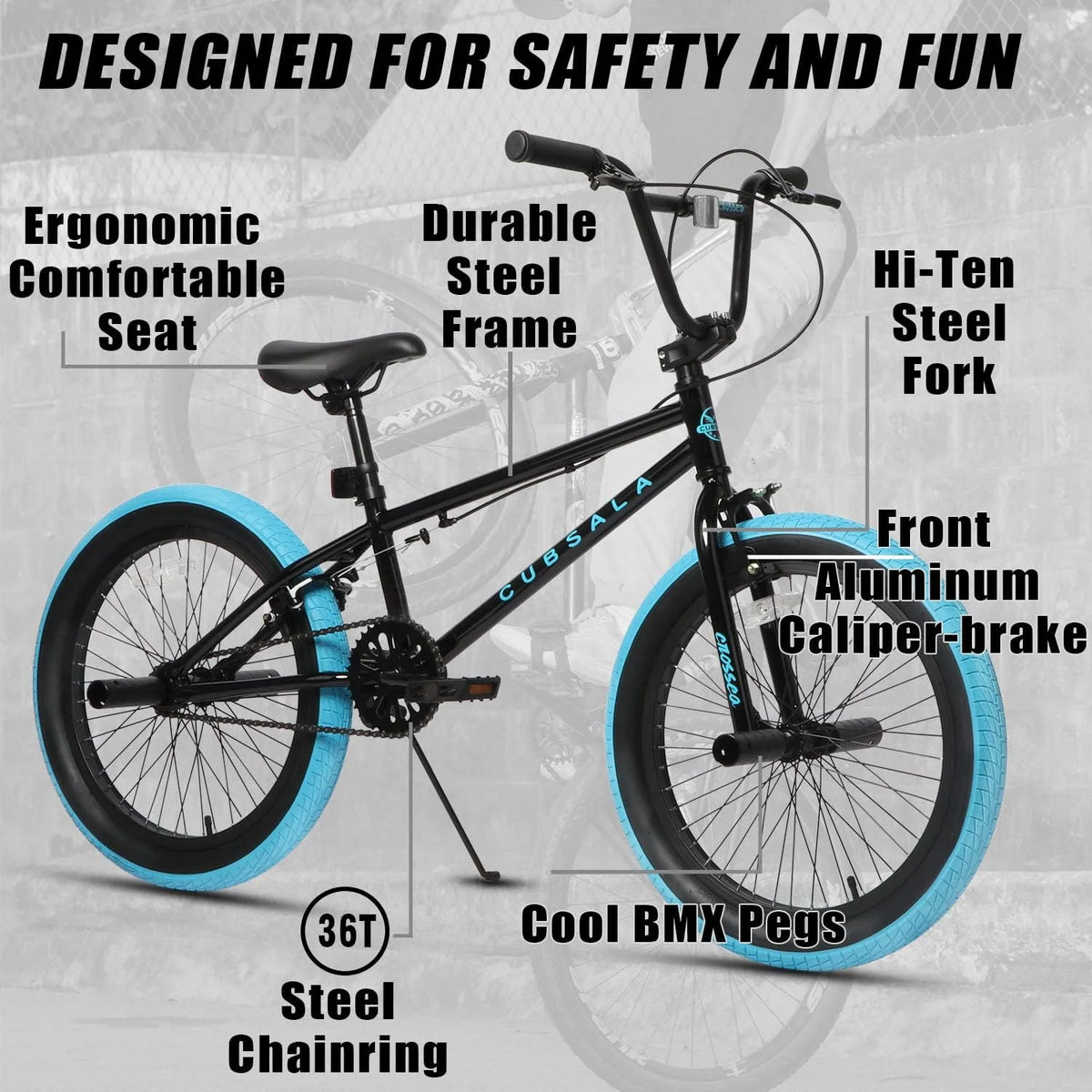 Cubsala 20 in Kids BMX Bike Freestylefor Age 6 - 14 Years Old Boys Girls with 4 Pegs, Black with Red Tires - Product image 41