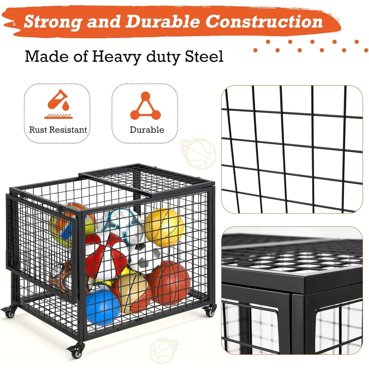 AECOJOY Ball Cart Storage, Rolling Basketball Bin with Wheels for Garage, School, Gym - Product image 5
