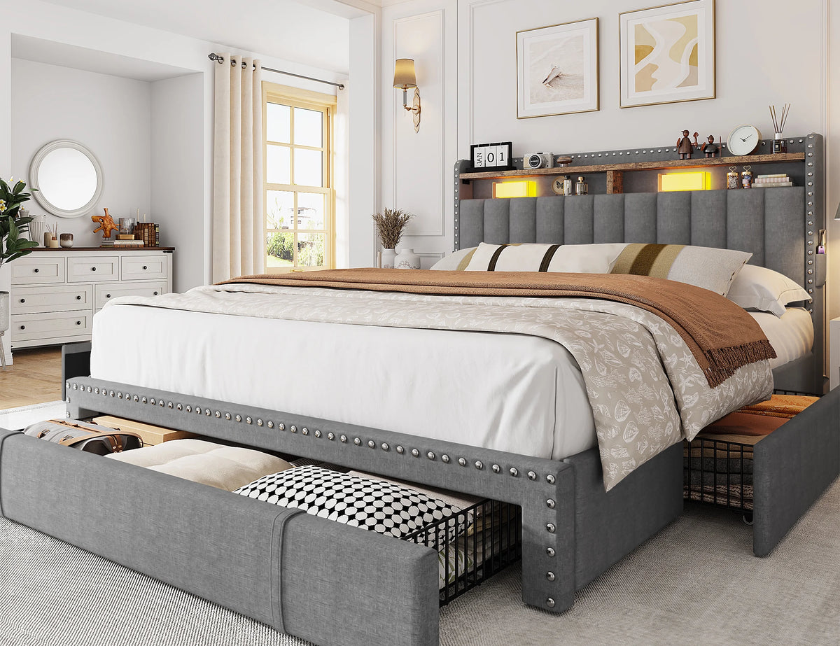 Enhomee Queen Bed Frame with 3 Storage Drawers Upholstered Queen Size Bed Frame with Headboard Noise Free - Product image 10