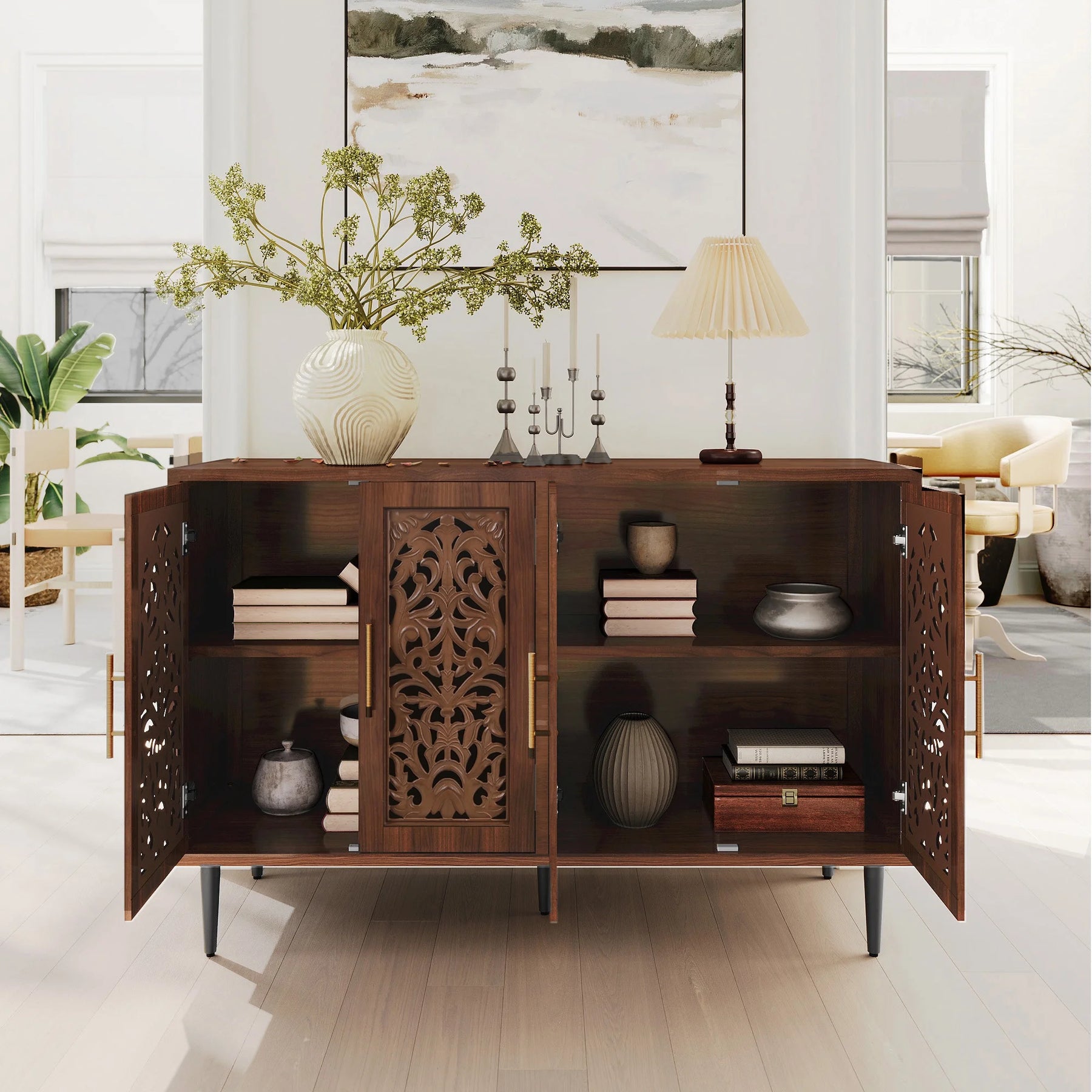 HLR 48" Accent Cabinet with 4 Doors, Vintage Hollow Carving Storage Credenza - Product image 115