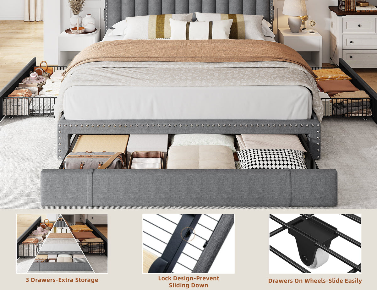 Enhomee Queen Bed Frame with 3 Storage Drawers Upholstered Queen Size Bed Frame with Headboard Noise Free - Product image 11