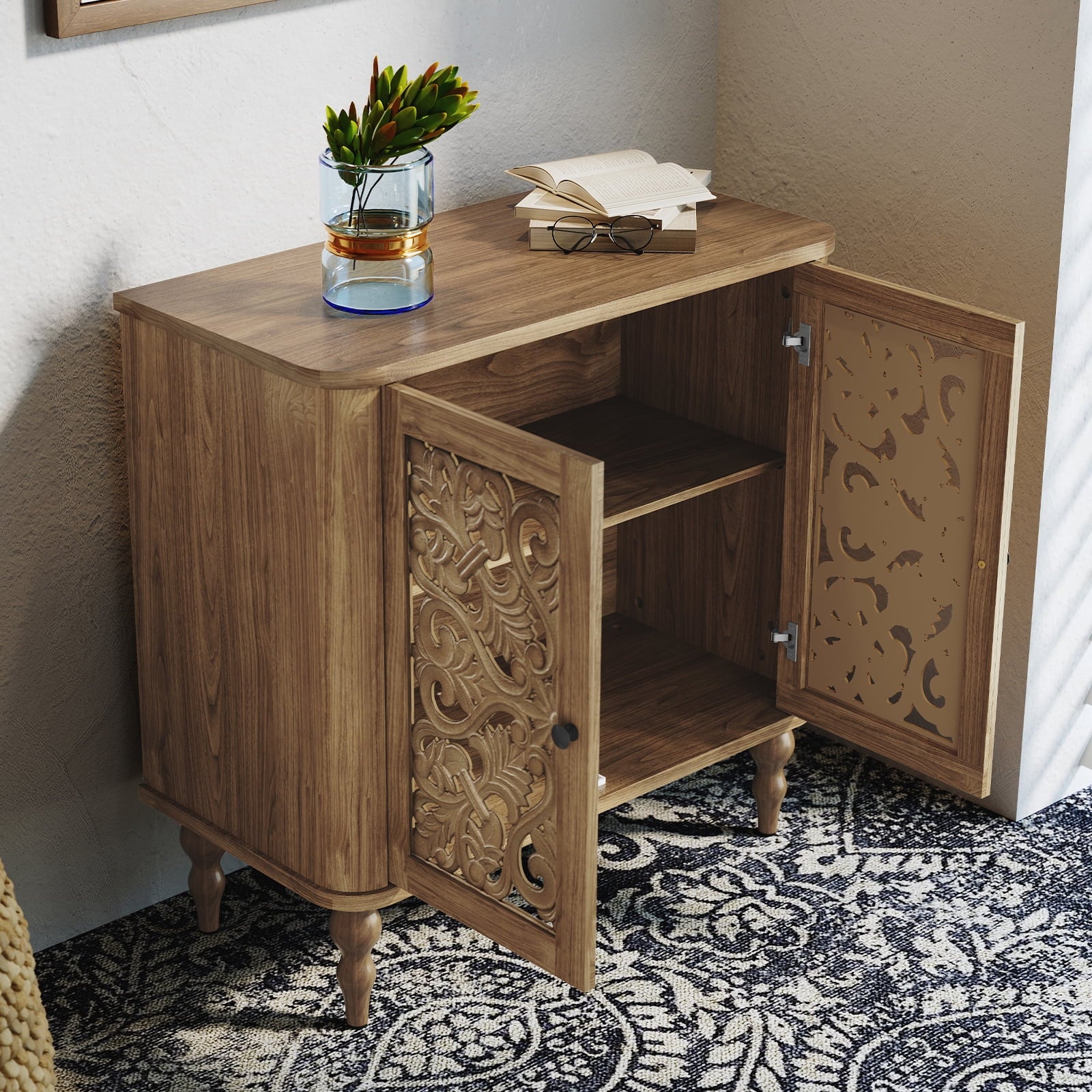 HLR 48" Accent Cabinet with 4 Doors, Vintage Hollow Carving Storage Credenza - Product image 27