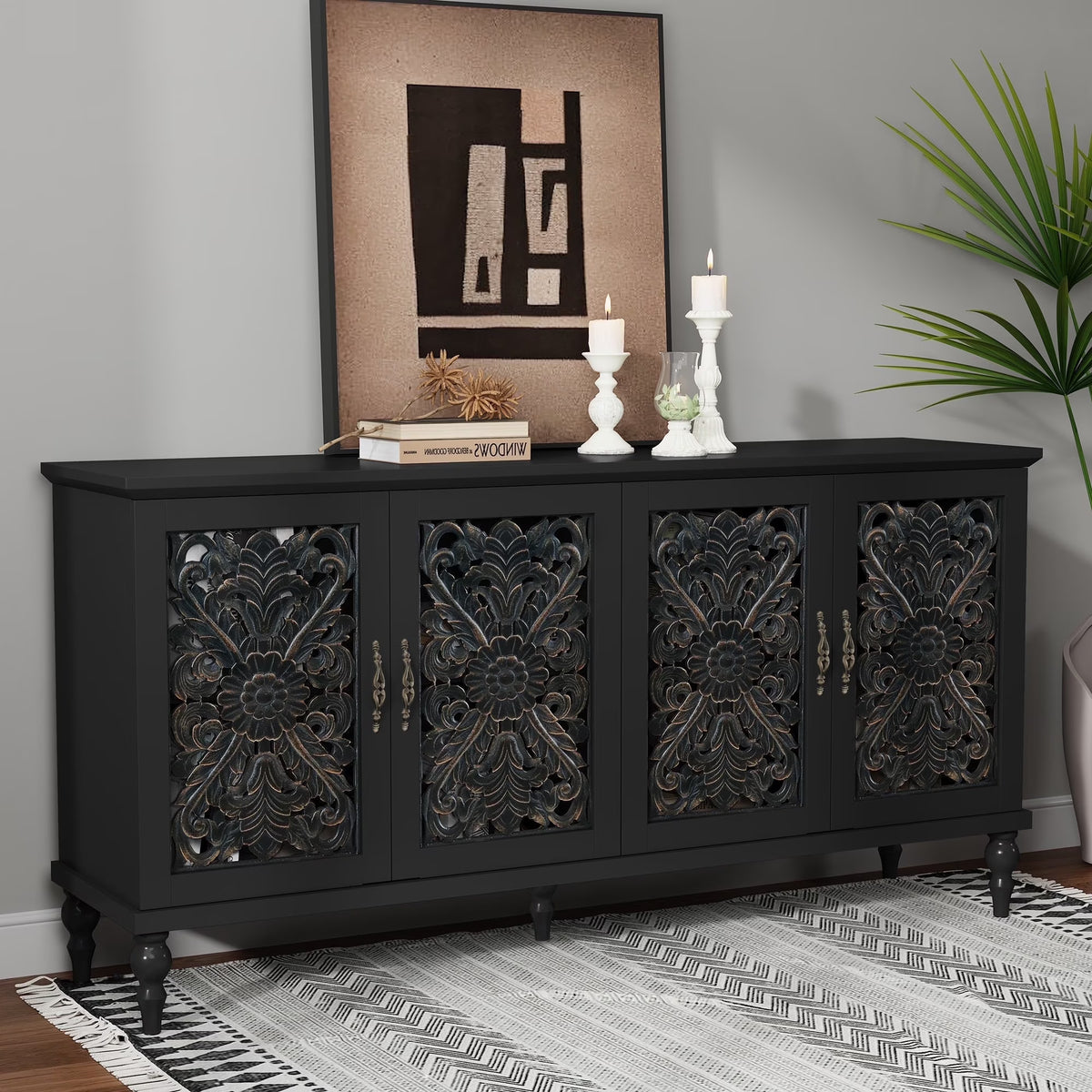 HLR 48" Accent Cabinet with 4 Doors, Vintage Hollow Carving Storage Credenza - Product image 7