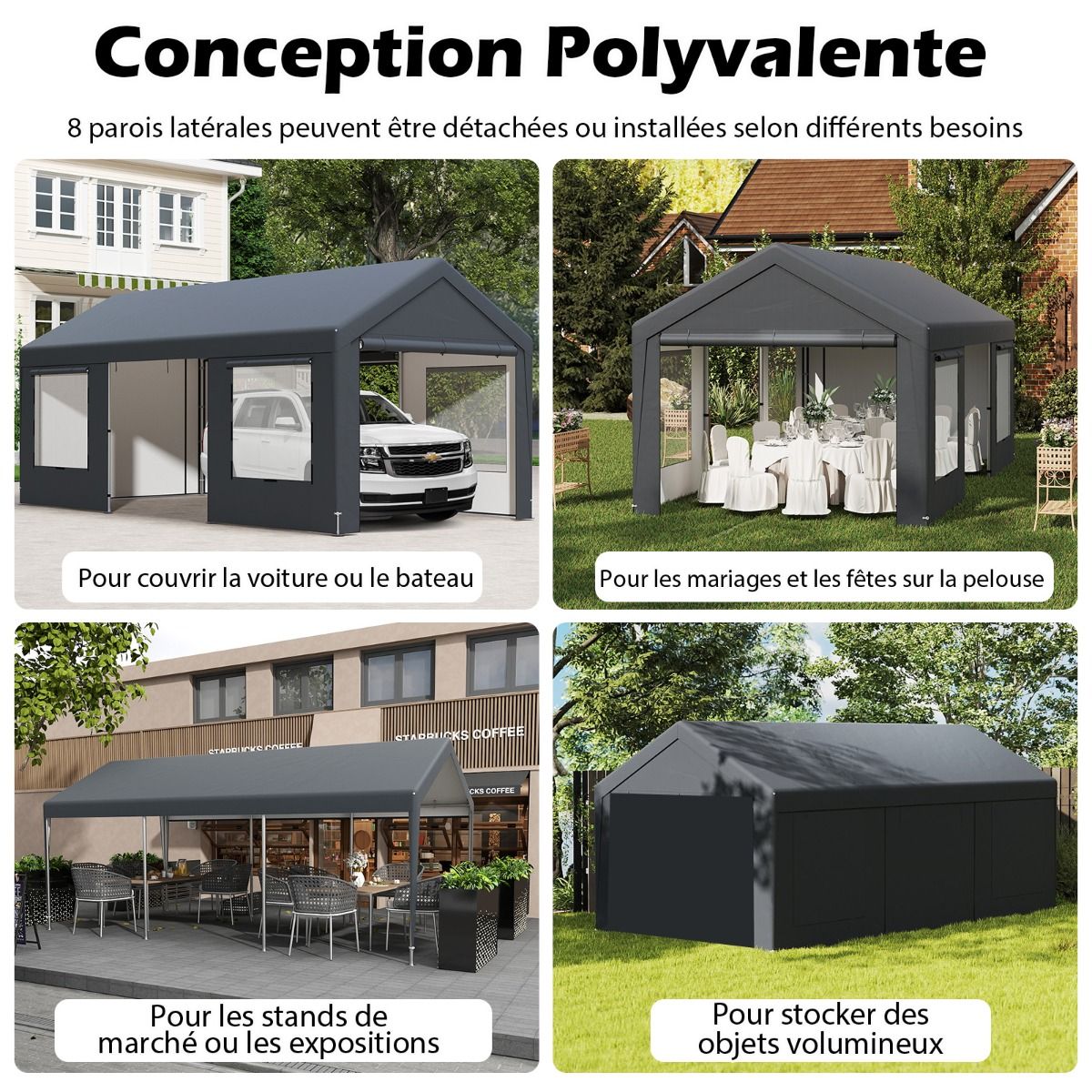 Carport 595 x 300 cm Outdoor Garage Tent with 8 Removable Side Walls Roll Up Doors Ventilated Windows Gray -