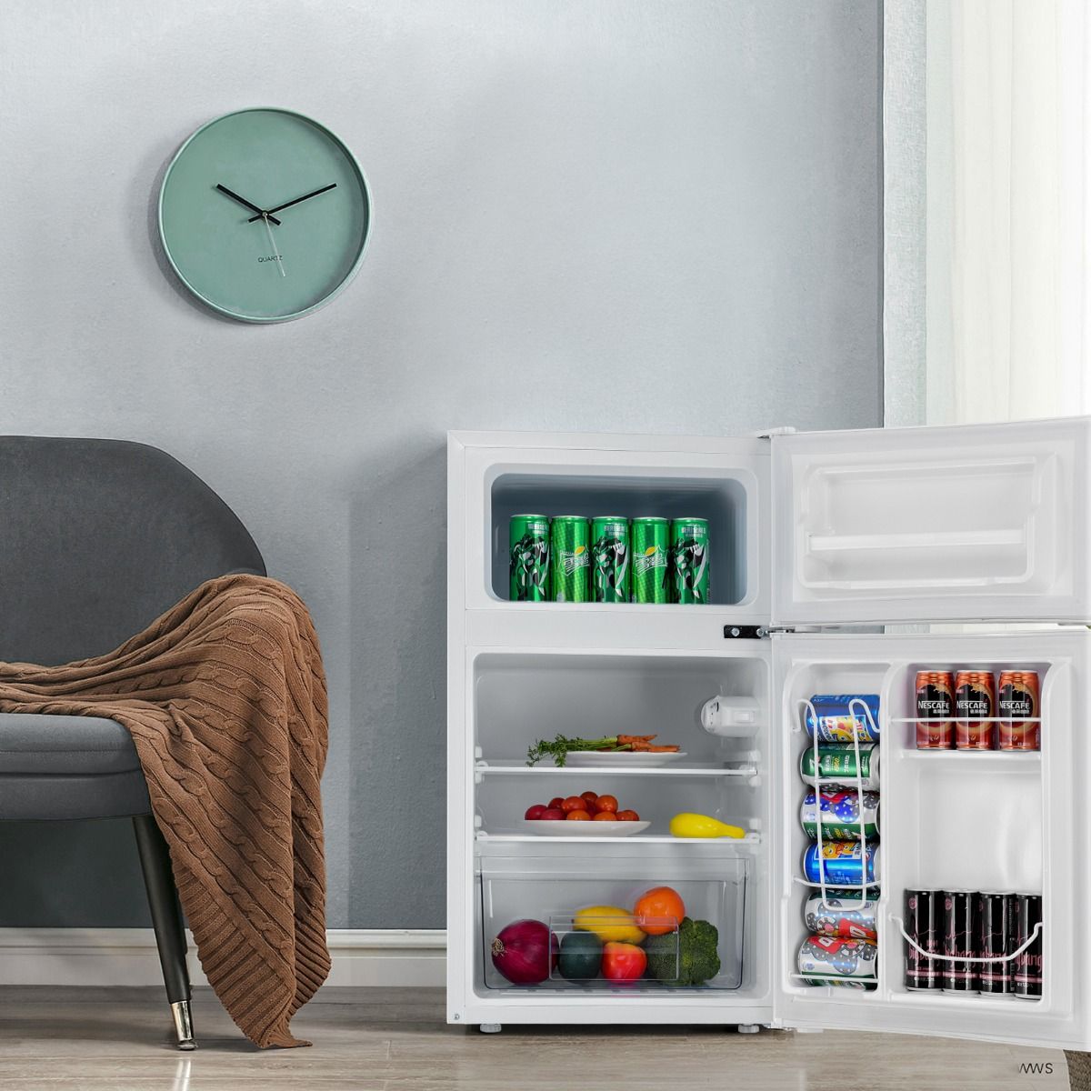 Compact Fridge Mini Fridge 90 L Separate Freezer with 2 Door Design Wide Angle LED Light White -