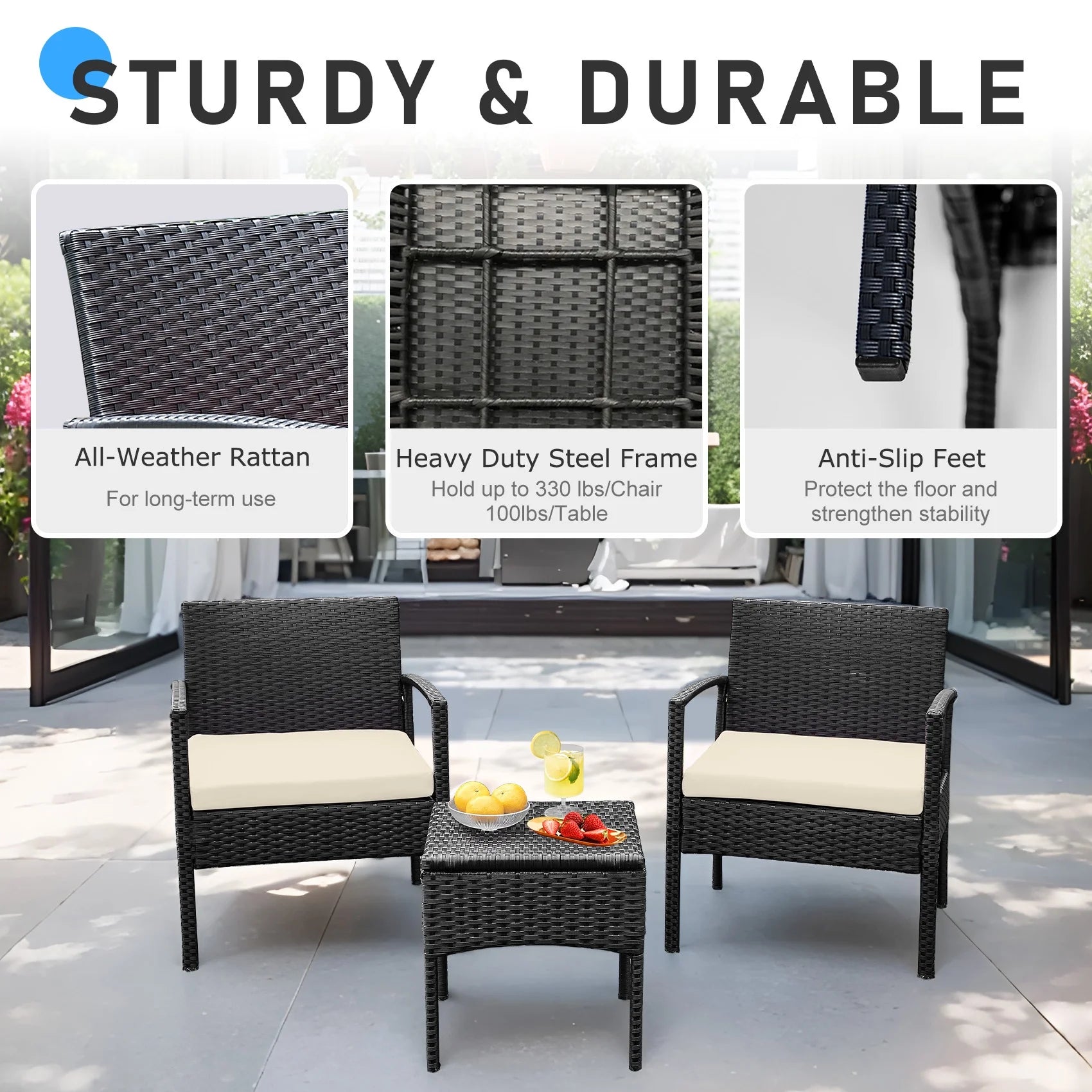 Tappio Outdoor Furniture 3 Piece Patio Bistro Furniture Set, Rattan Conversation Chairs Set with Side - Product image 46