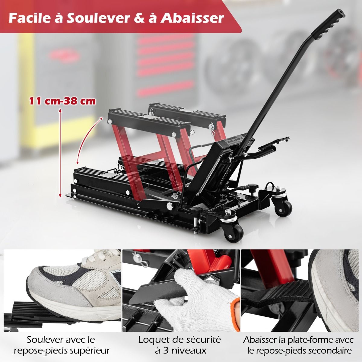 Hydraulic Jack for Motorcycle 680 kg Capacity Motorcycle Lift Table Height Adjustable Platform on 3 Levels Red/Black -