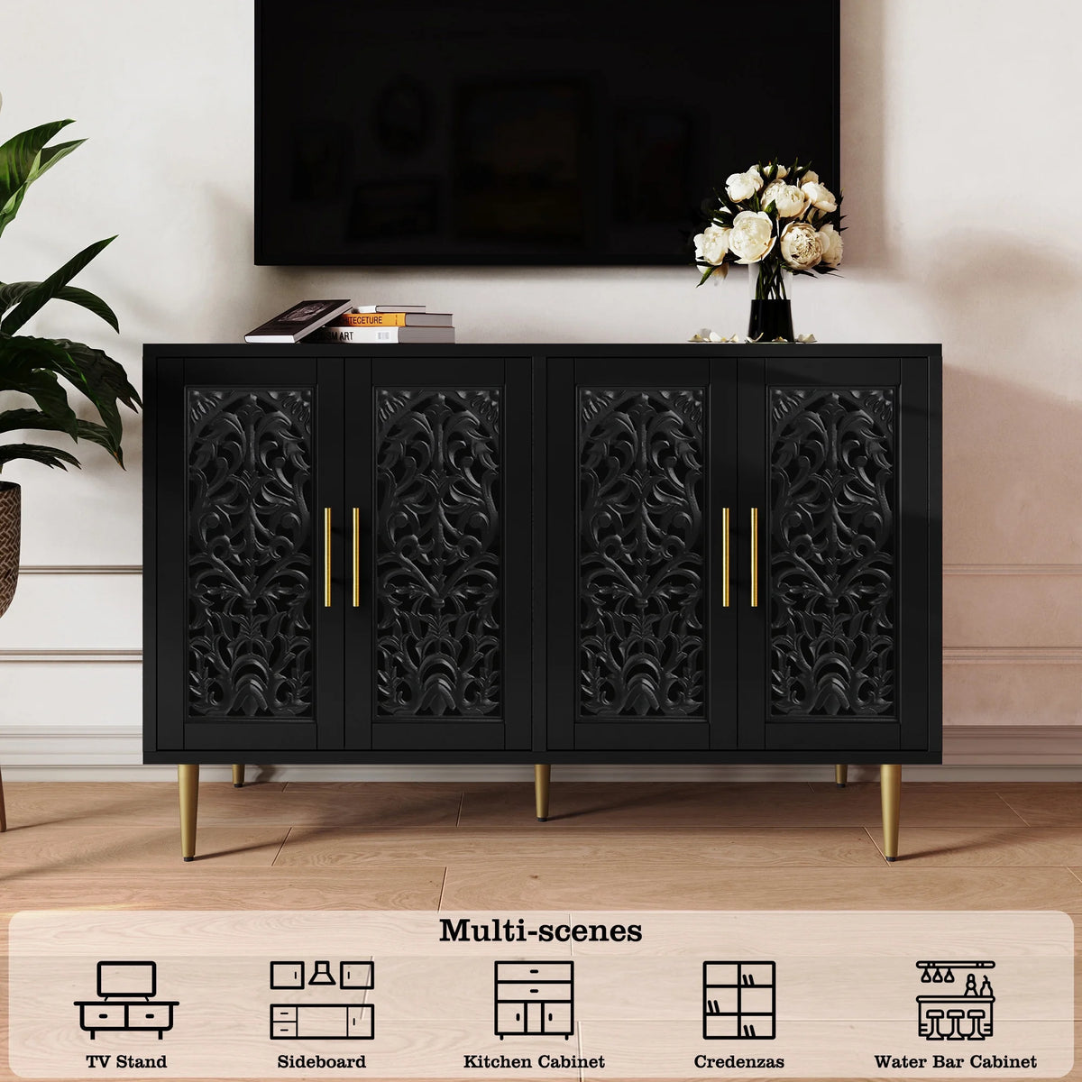 HLR 48" Accent Cabinet with 4 Doors, Vintage Hollow Carving Storage Credenza - Product image 76