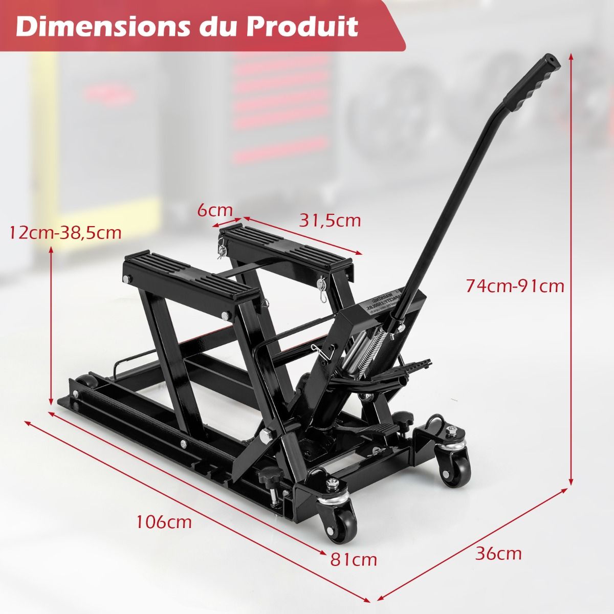 Hydraulic Jack for Motorcycle 680 kg Capacity Motorcycle Lift Table Height Adjustable Platform on 3 Levels Red/Black -