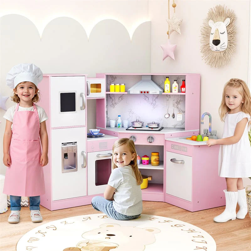 Corner Wooden Kids Kitchen Playset, Little Chef Pretend Toy Kitchen Set w/ Microwave, Range Hood - Product image 29