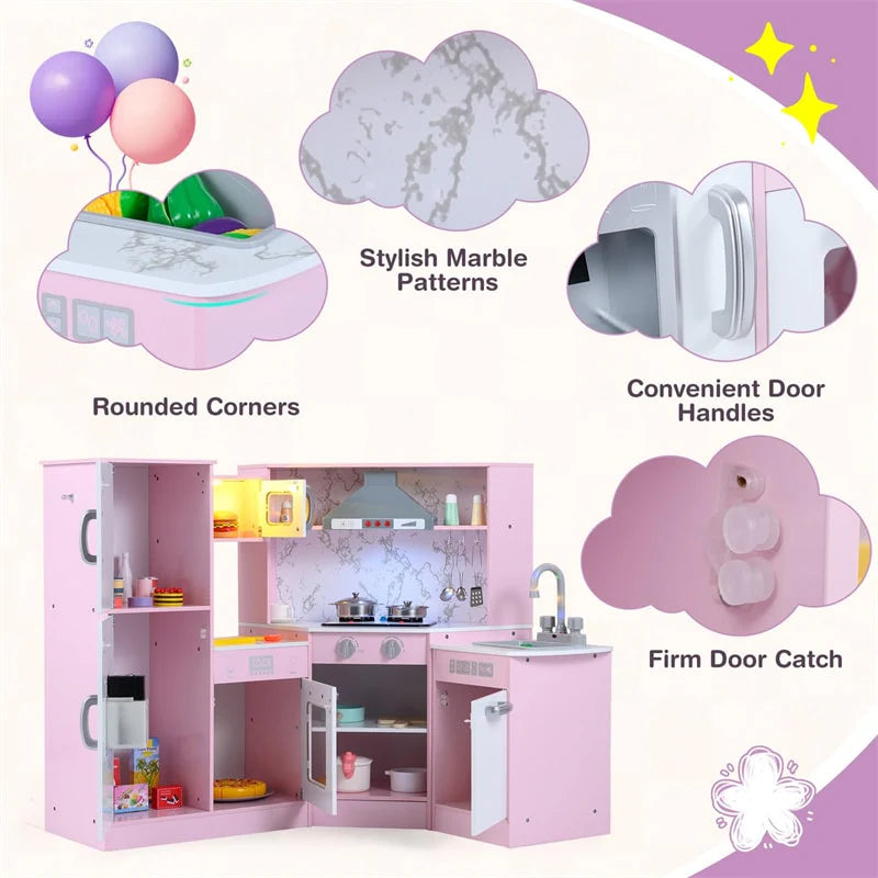 Corner Wooden Kids Kitchen Playset, Little Chef Pretend Toy Kitchen Set w/ Microwave, Range Hood - Product image 26