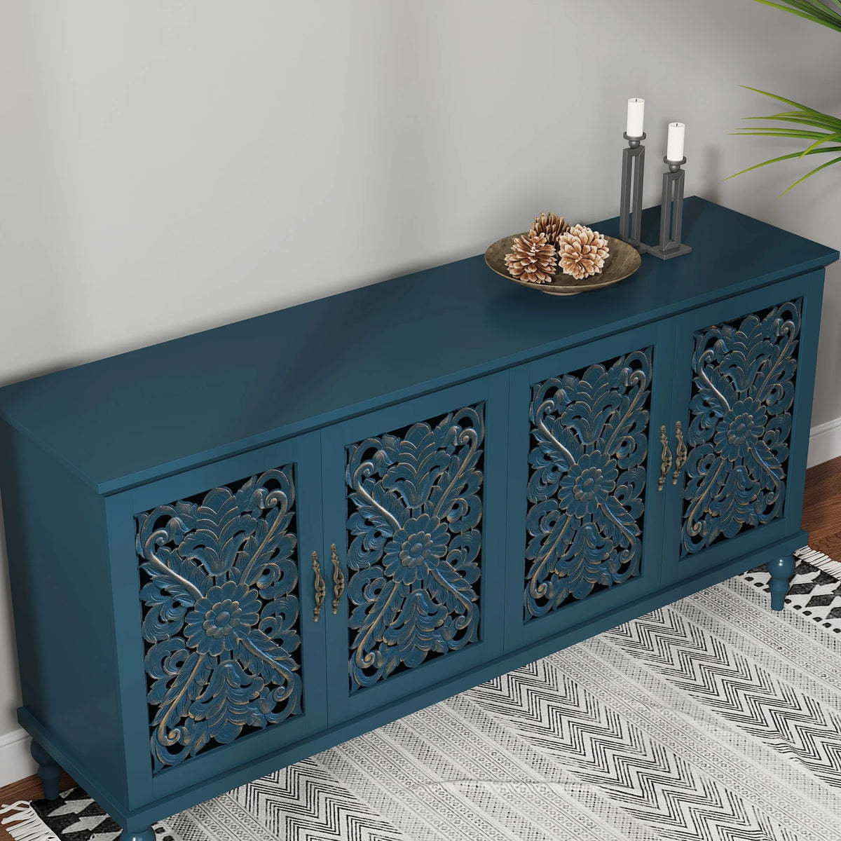 HLR 48" Accent Cabinet with 4 Doors, Vintage Hollow Carving Storage Credenza - Product image 92