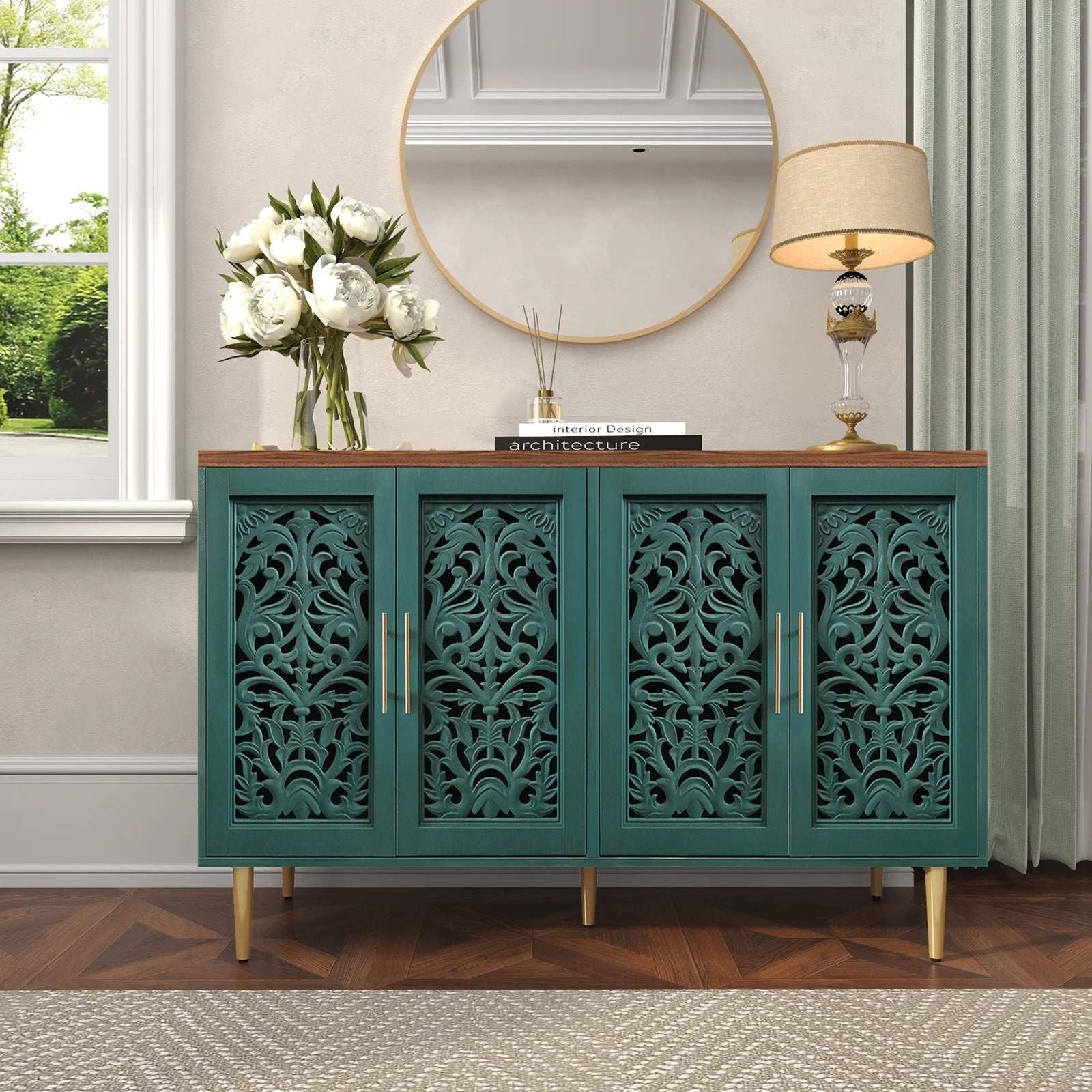 HLR 48" Accent Cabinet with 4 Doors, Vintage Hollow Carving Storage Credenza - Product image 55