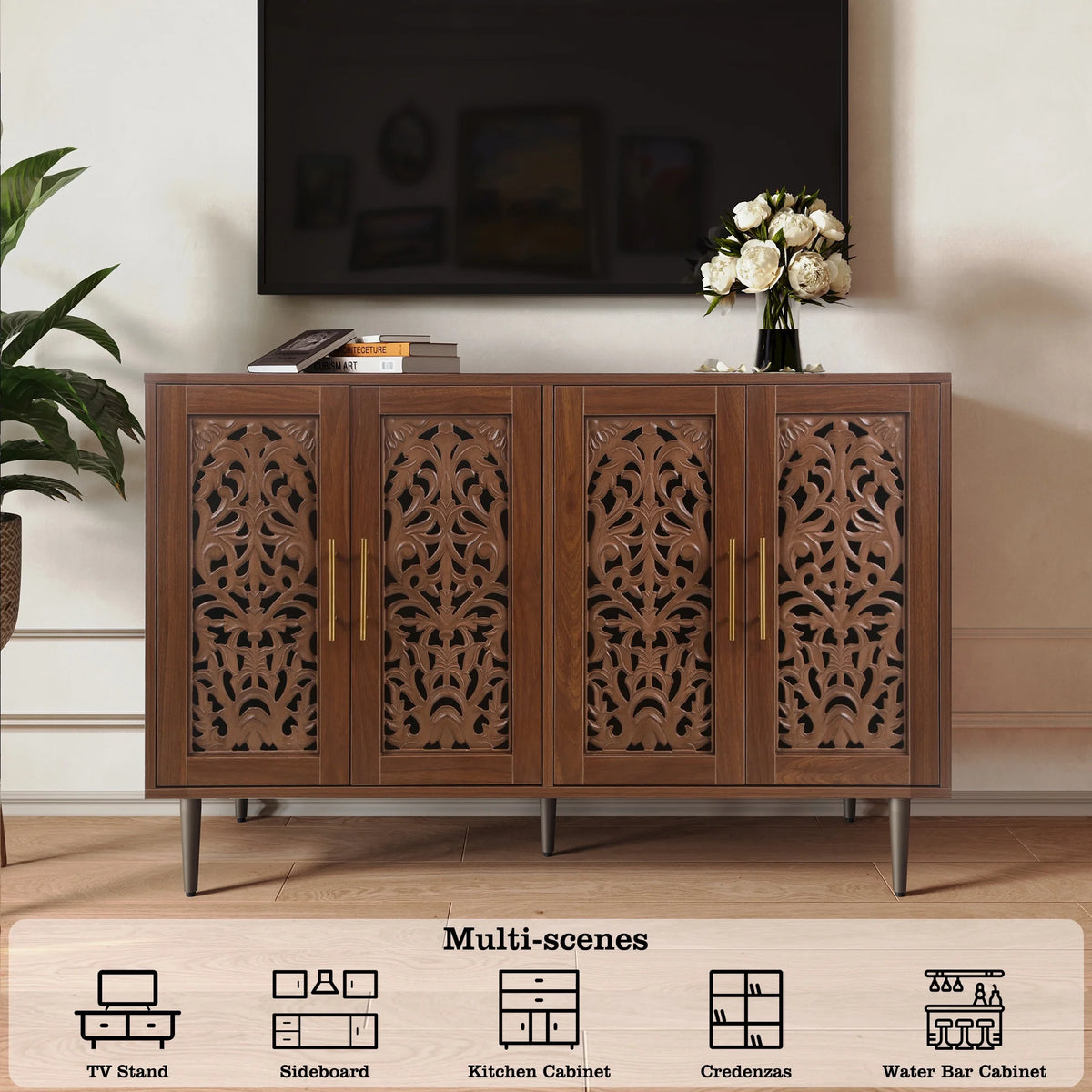 HLR 48" Accent Cabinet with 4 Doors, Vintage Hollow Carving Storage Credenza - Product image 116