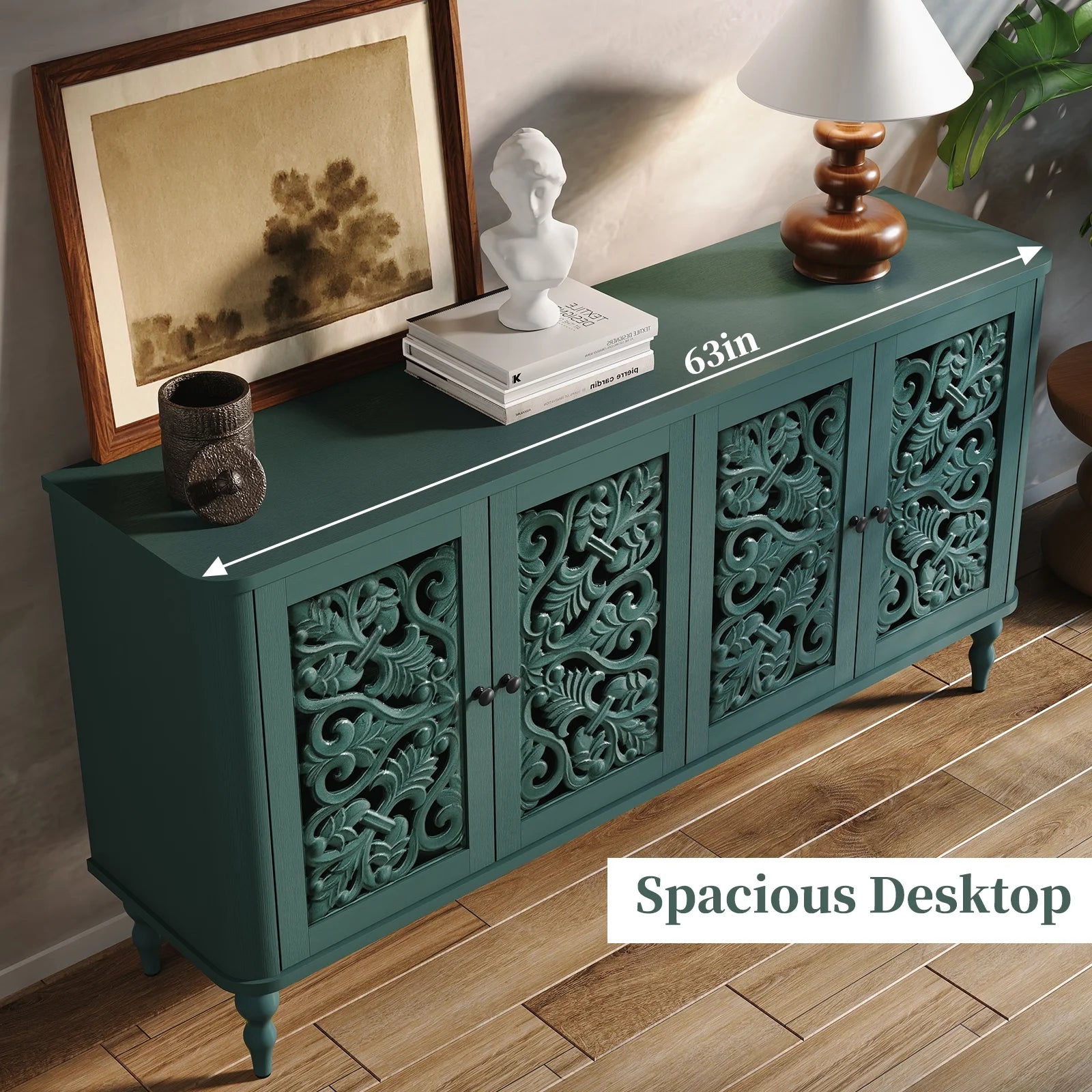 HLR 48" Accent Cabinet with 4 Doors, Vintage Hollow Carving Storage Credenza - Product image 77
