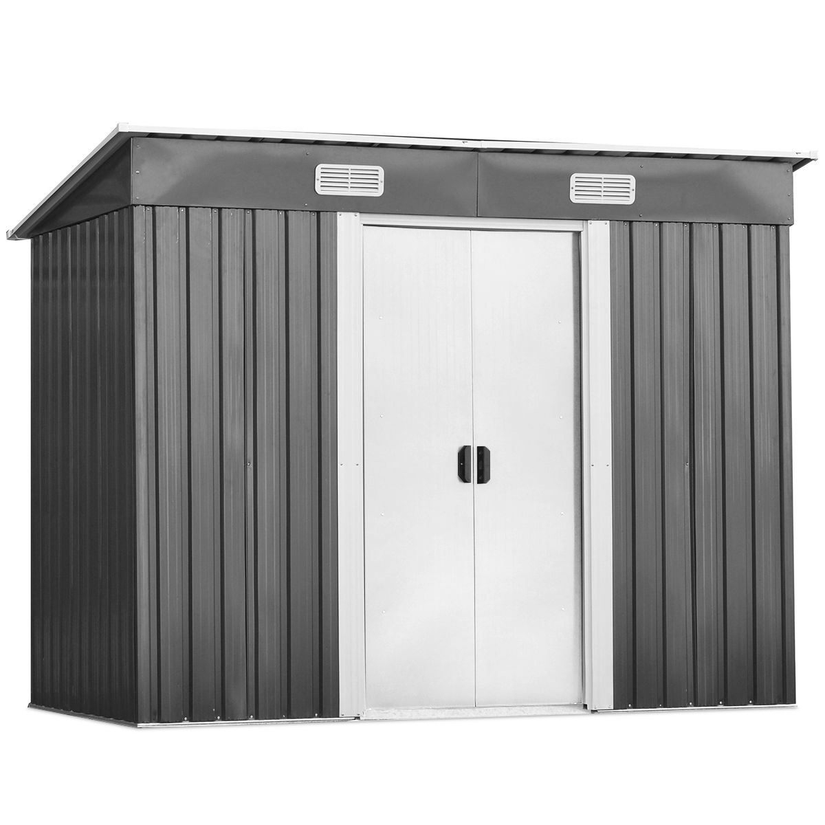Outdoor Garden Shed in Galvanized Steel with 2 Doors, 4 Air Vents for Storing Tools 238 x 131 x 181CM Grey+White -