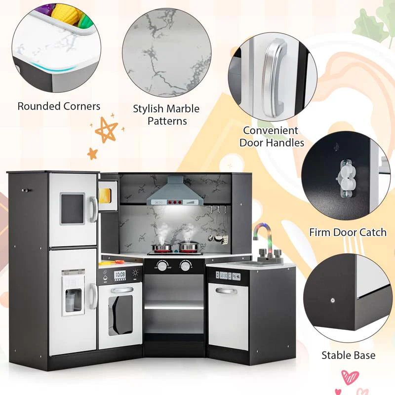 Corner Wooden Kids Kitchen Playset, Little Chef Pretend Toy Kitchen Set w/ Microwave, Range Hood - Product image 8