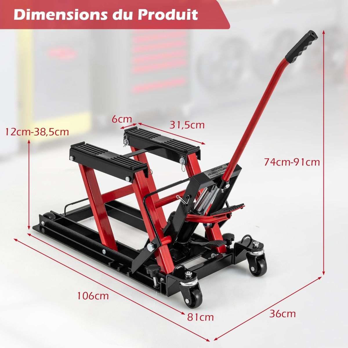Hydraulic Jack for Motorcycle 680 kg Capacity Motorcycle Lift Table Height Adjustable Platform on 3 Levels Red/Black -