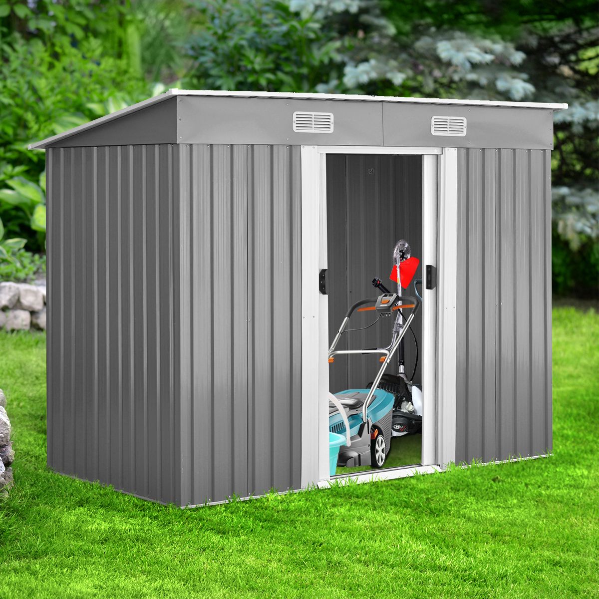 Outdoor Garden Shed in Galvanized Steel with 2 Doors, 4 Air Vents for Storing Tools 238 x 131 x 181CM Grey+White -