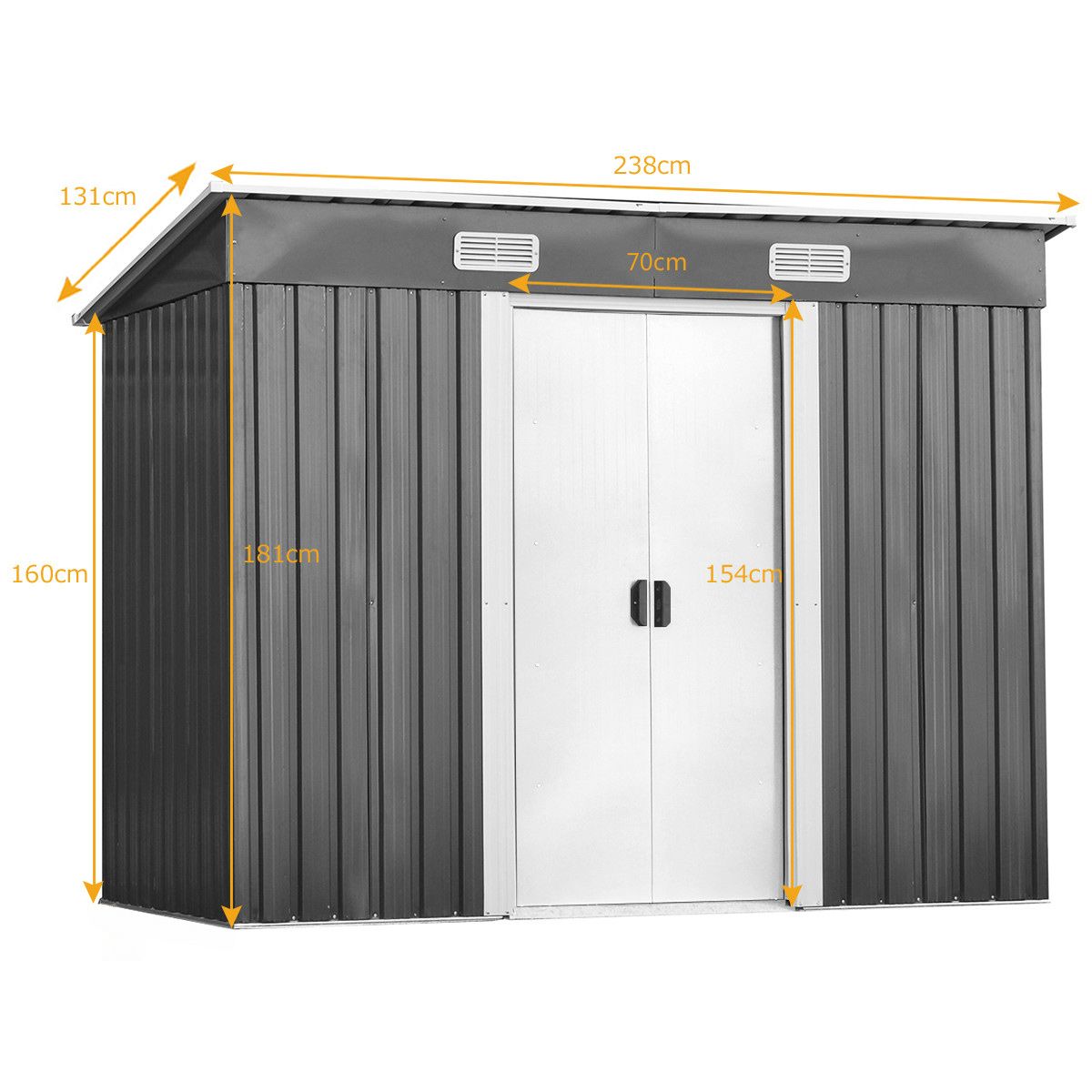 Outdoor Garden Shed in Galvanized Steel with 2 Doors, 4 Air Vents for Storing Tools 238 x 131 x 181CM Grey+White -