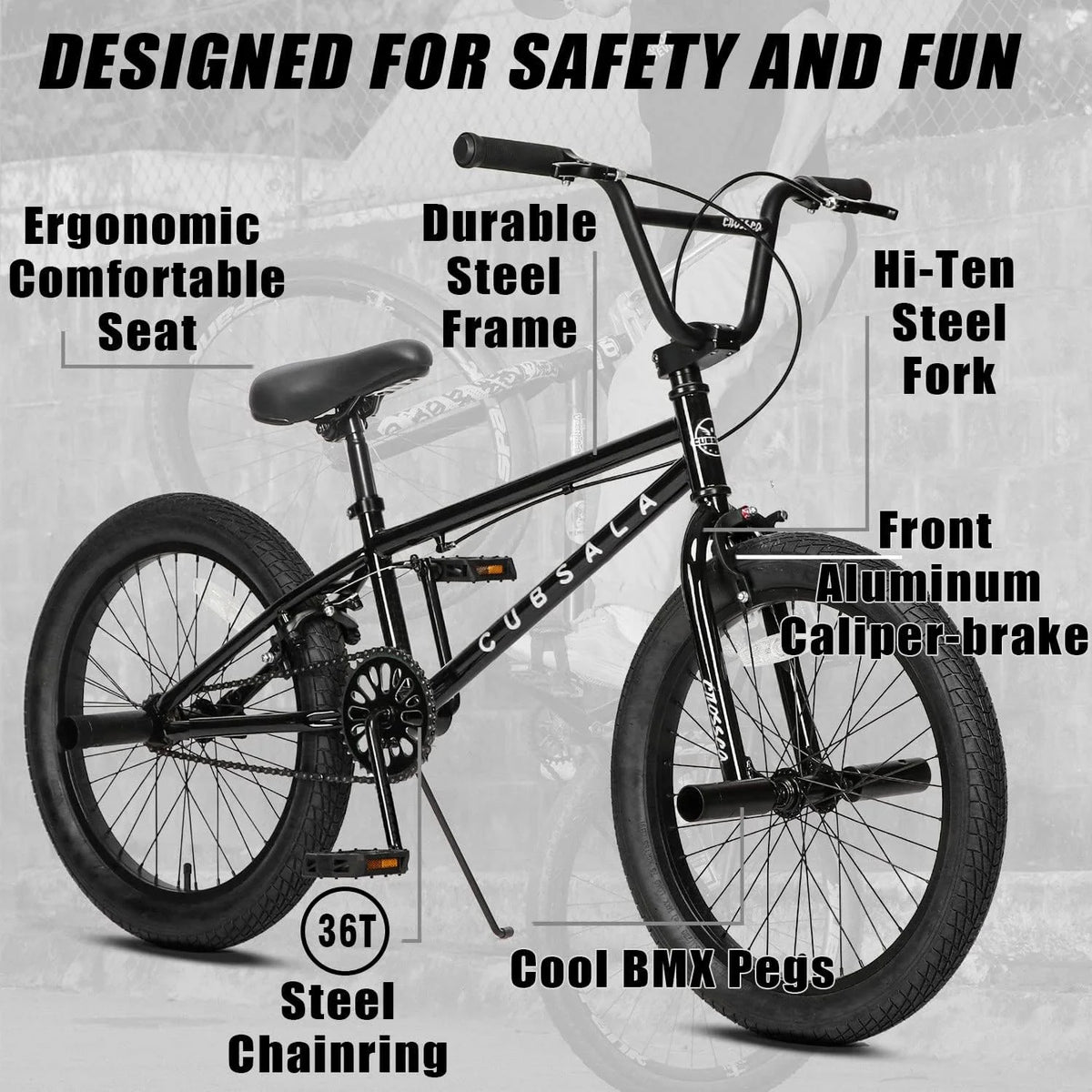 Cubsala 20 in Kids BMX Bike Freestylefor Age 6 - 14 Years Old Boys Girls with 4 Pegs, Black with Red Tires - Product image 44