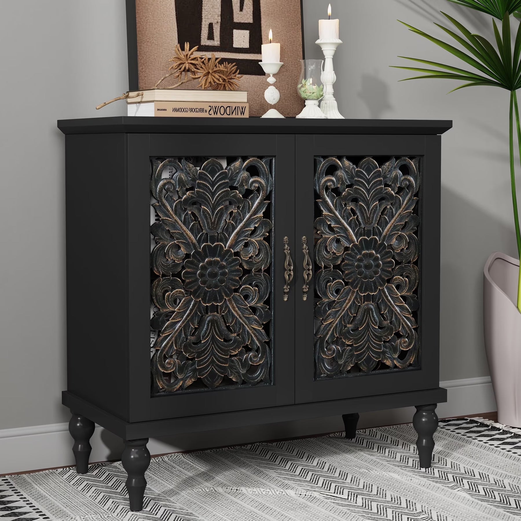 HLR 48" Accent Cabinet with 4 Doors, Vintage Hollow Carving Storage Credenza - Product image 11
