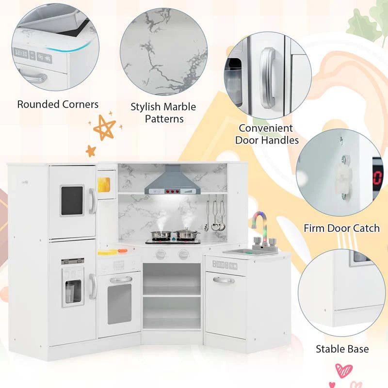 Corner Wooden Kids Kitchen Playset, Little Chef Pretend Toy Kitchen Set w/ Microwave, Range Hood - Product image 15