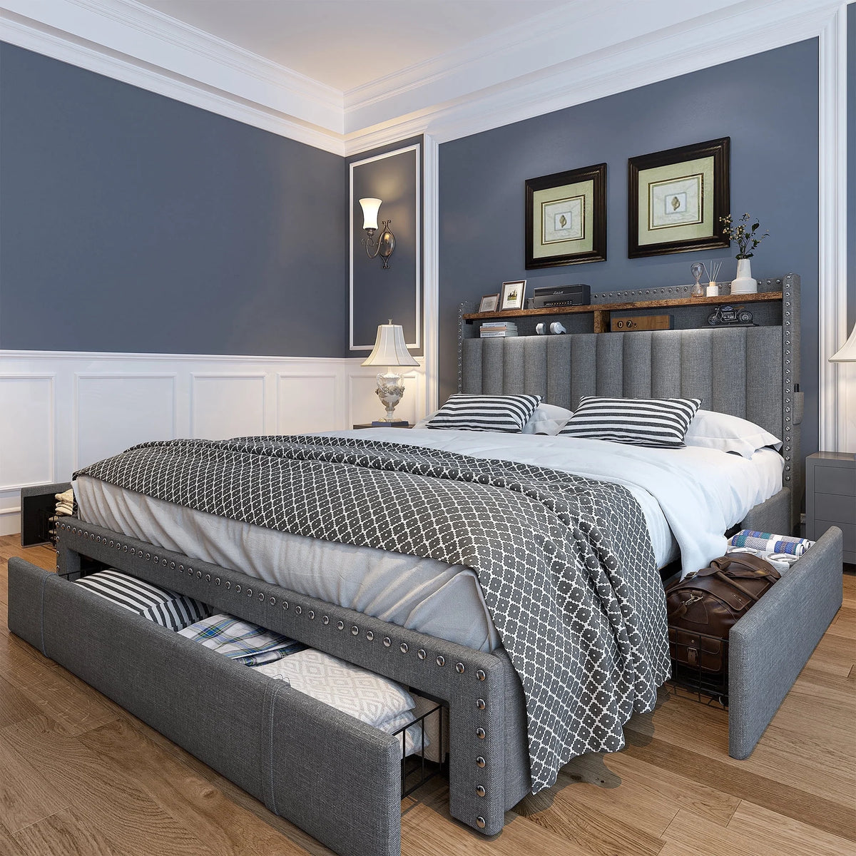 Enhomee Queen Bed Frame with 3 Storage Drawers Upholstered Queen Size Bed Frame with Headboard Noise Free - Product image 13