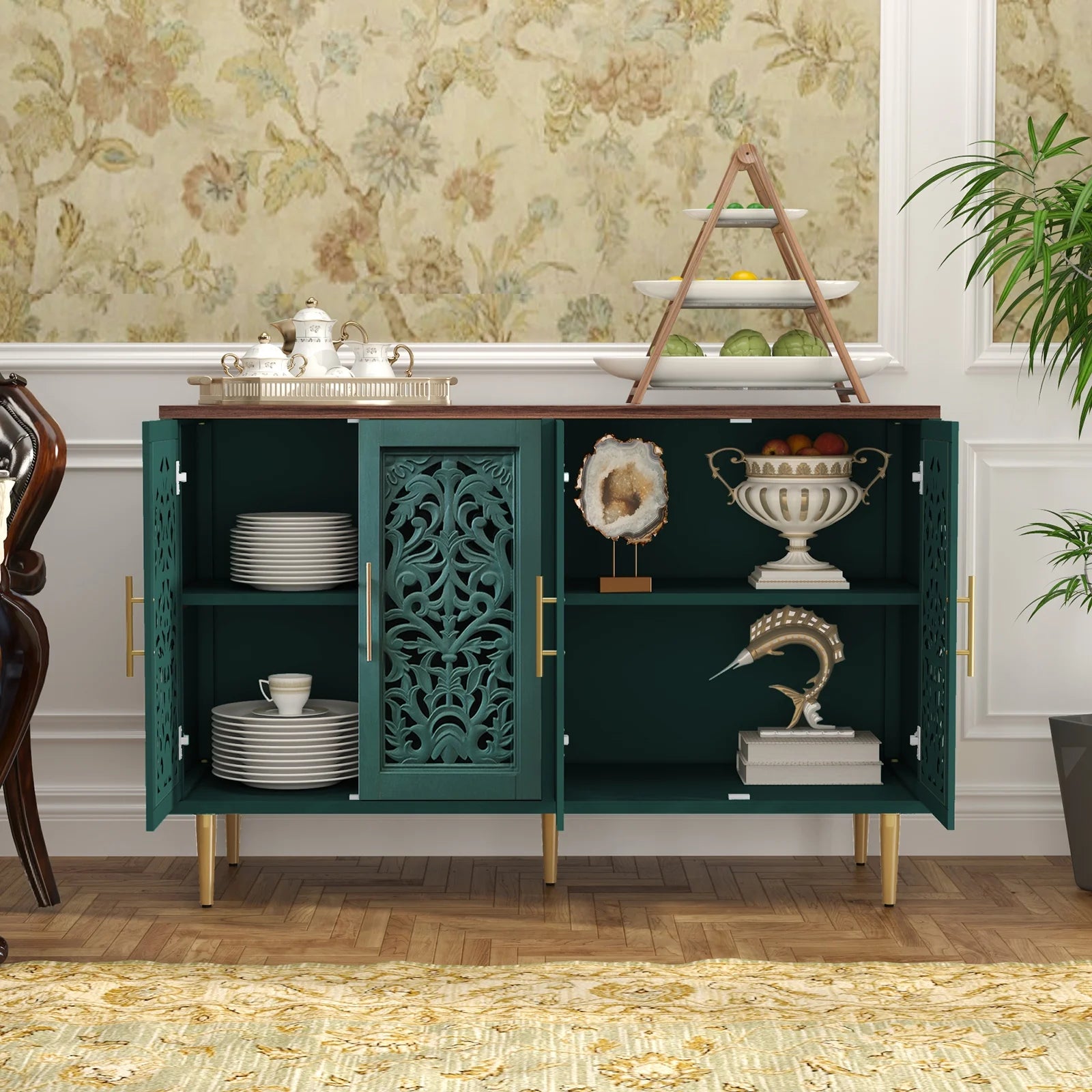 HLR 48" Accent Cabinet with 4 Doors, Vintage Hollow Carving Storage Credenza - Product image 59