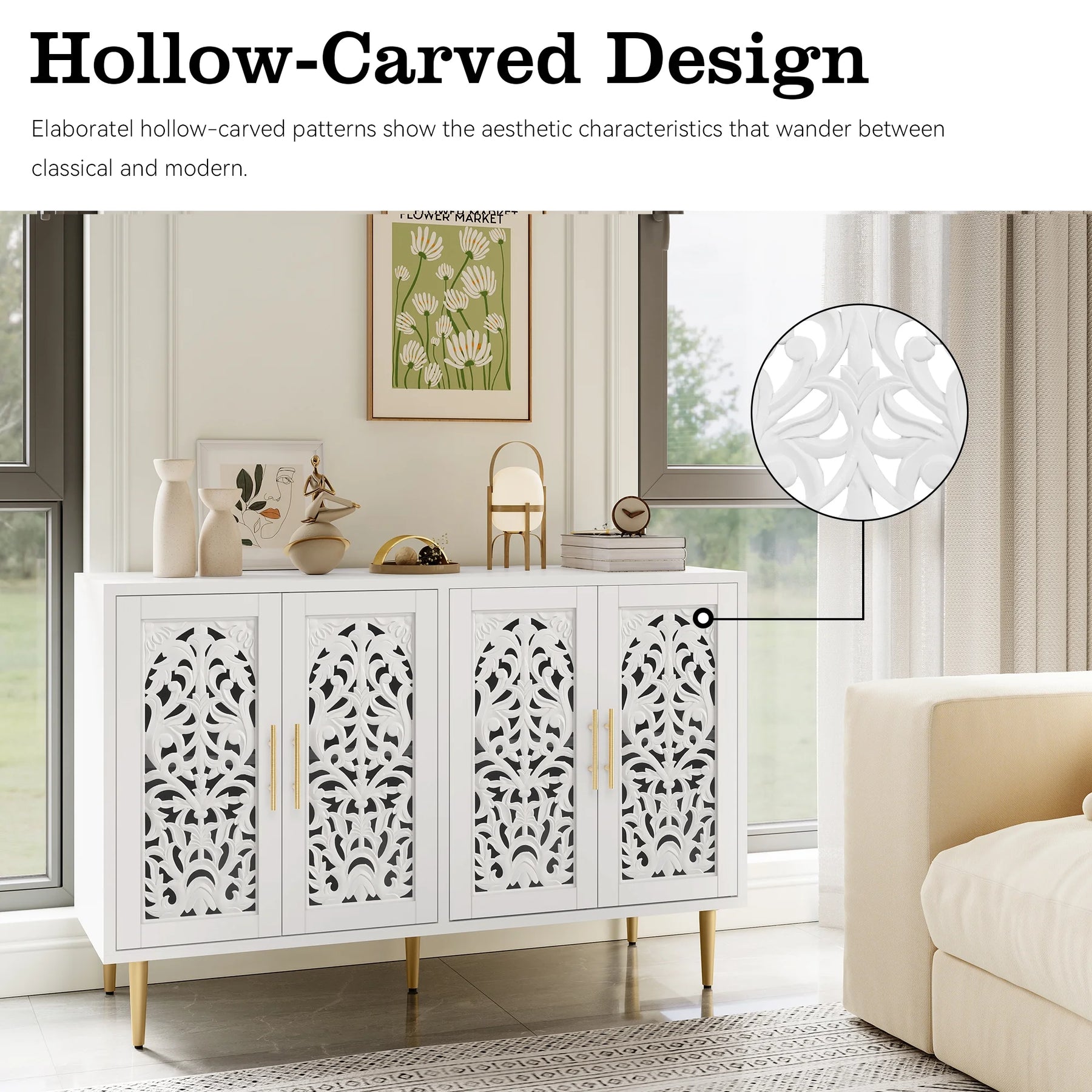 HLR 48" Accent Cabinet with 4 Doors, Vintage Hollow Carving Storage Credenza - Product image 8