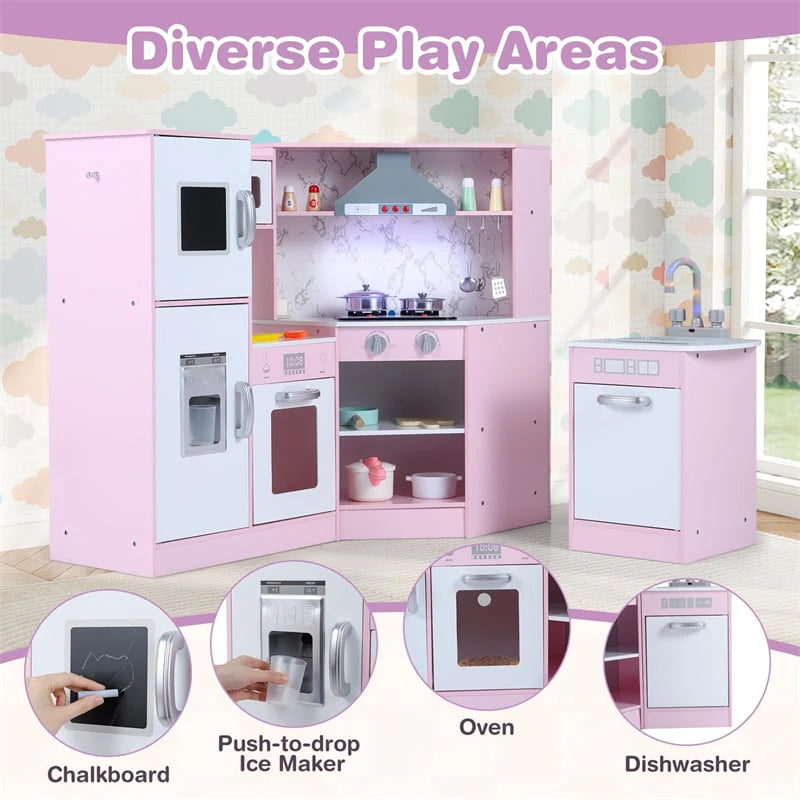 Corner Wooden Kids Kitchen Playset, Little Chef Pretend Toy Kitchen Set w/ Microwave, Range Hood - Product image 27