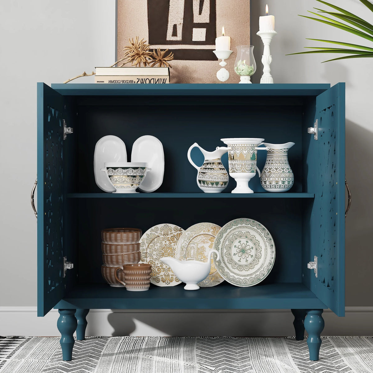 HLR 48" Accent Cabinet with 4 Doors, Vintage Hollow Carving Storage Credenza - Product image 30