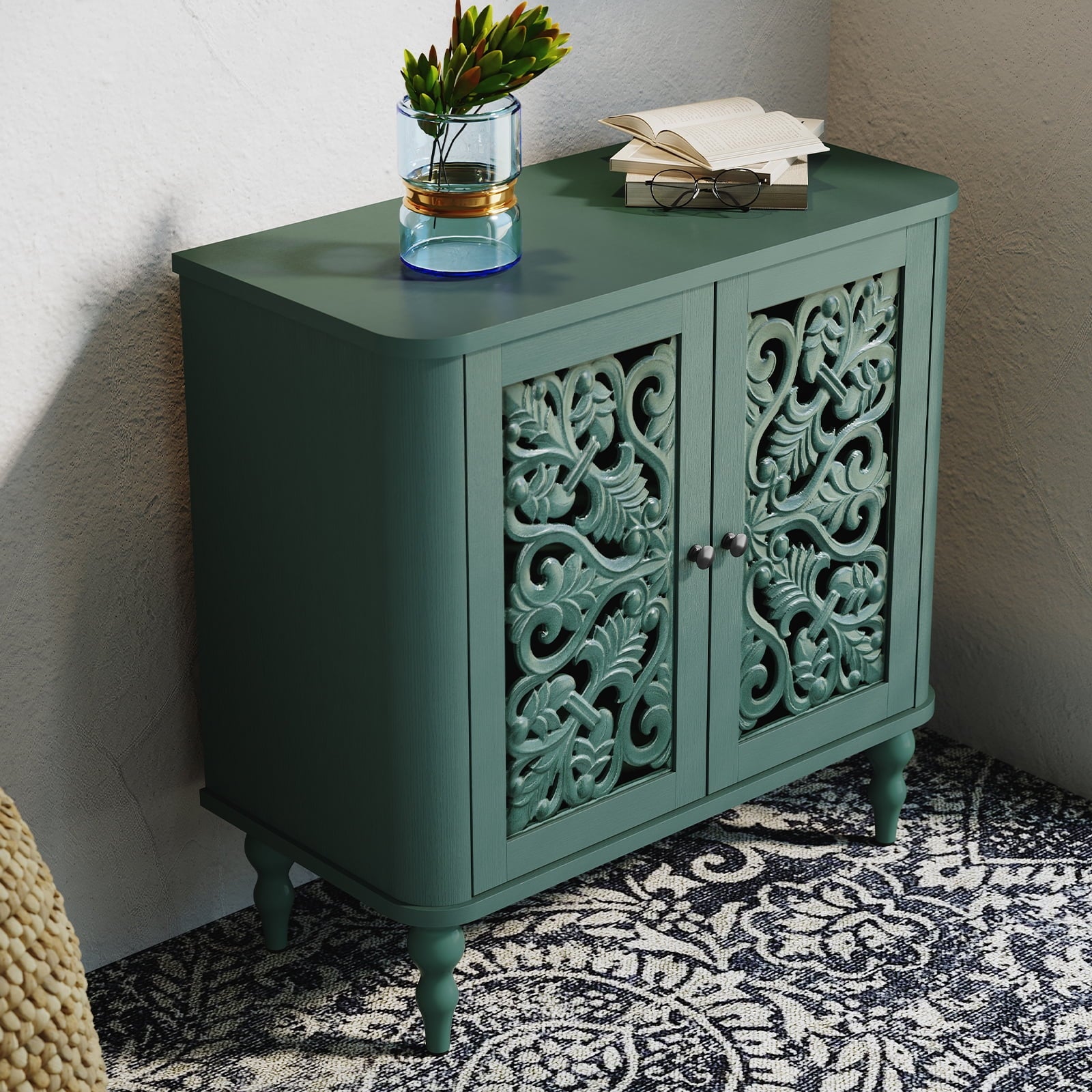 HLR 48" Accent Cabinet with 4 Doors, Vintage Hollow Carving Storage Credenza - Product image 101