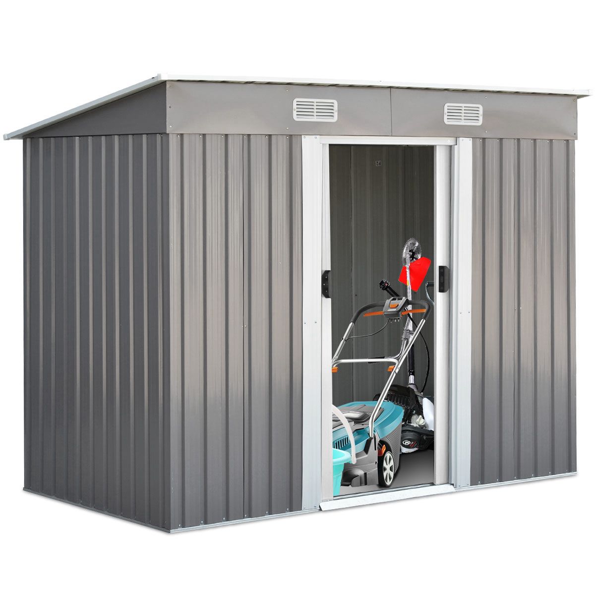 Outdoor Garden Shed in Galvanized Steel with 2 Doors, 4 Air Vents for Storing Tools 238 x 131 x 181CM Grey+White -