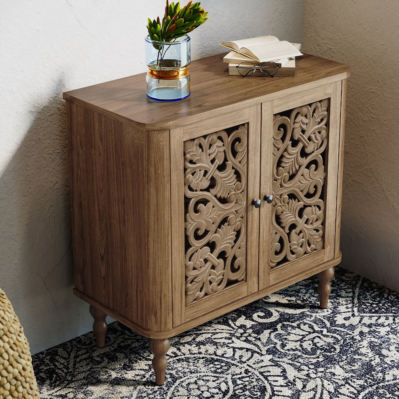 HLR 48" Accent Cabinet with 4 Doors, Vintage Hollow Carving Storage Credenza - Product image 26