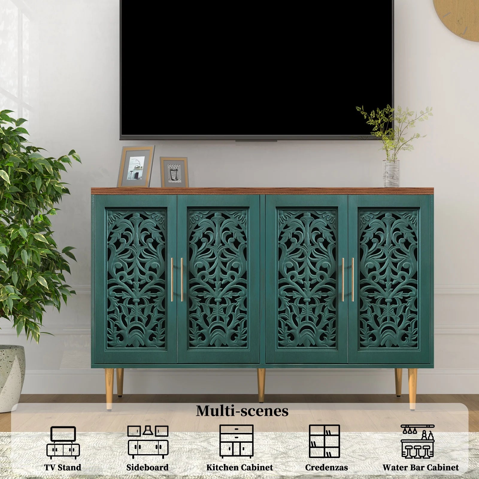 HLR 48" Accent Cabinet with 4 Doors, Vintage Hollow Carving Storage Credenza - Product image 53