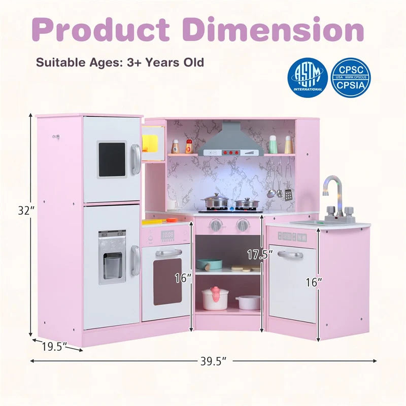 Corner Wooden Kids Kitchen Playset, Little Chef Pretend Toy Kitchen Set w/ Microwave, Range Hood - Product image 21