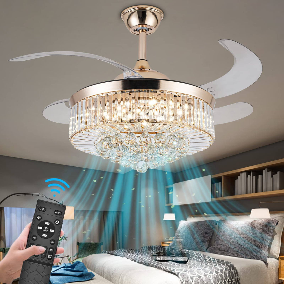 Crystal Ceiling Fan with Light, 42 inch LED 3 Color Remote Control Retractable Invisible Blades 3 Speeds - Product image 1