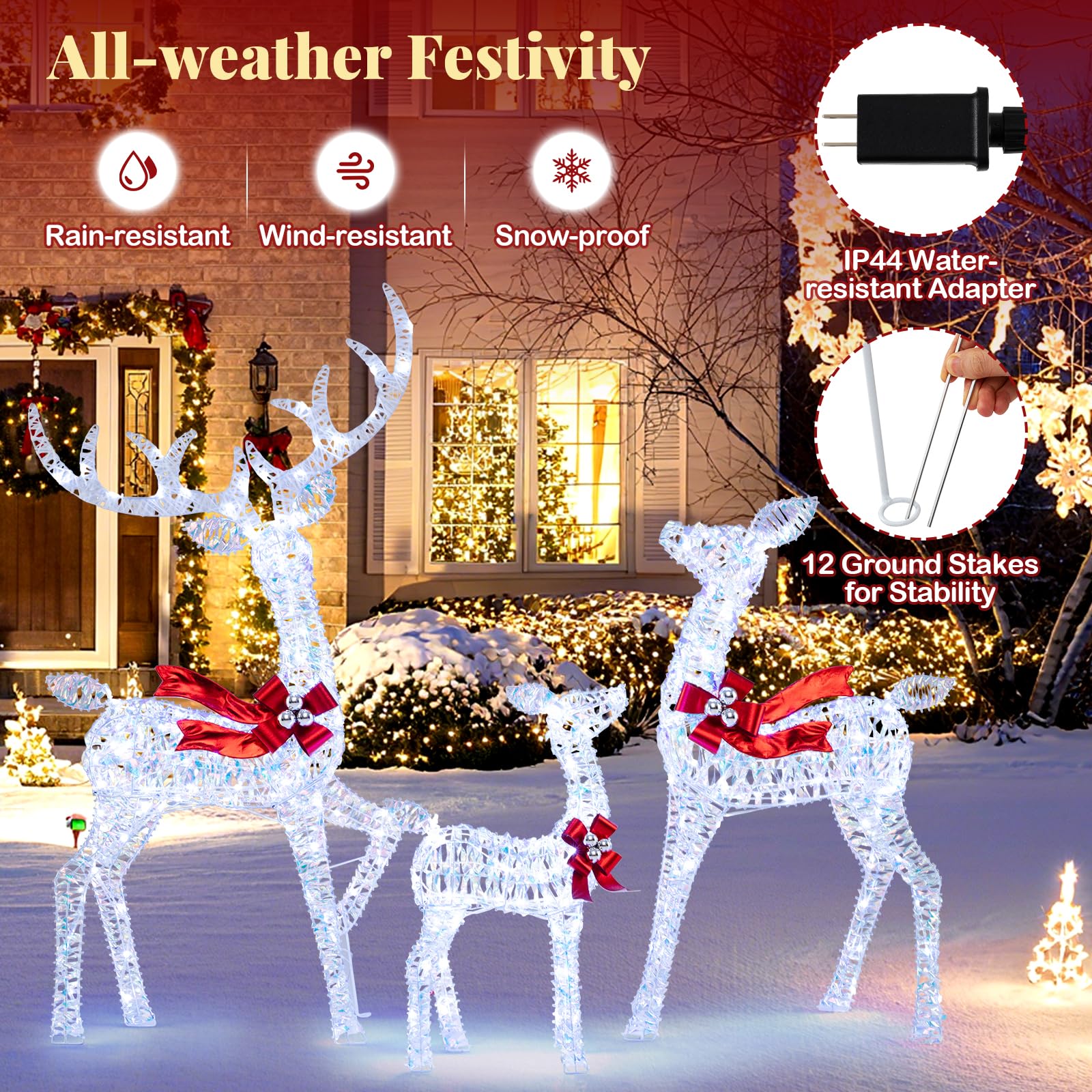 Tangkula 3-Piece Christmas Lighted Iridescent Reindeer Family Set with 215 Cold White LED Lights and Ground - Product image 6